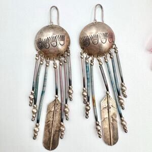 Vintage Silver Concho Feather Quill Wire Earrings Boho Native Tribal Signed LHTC